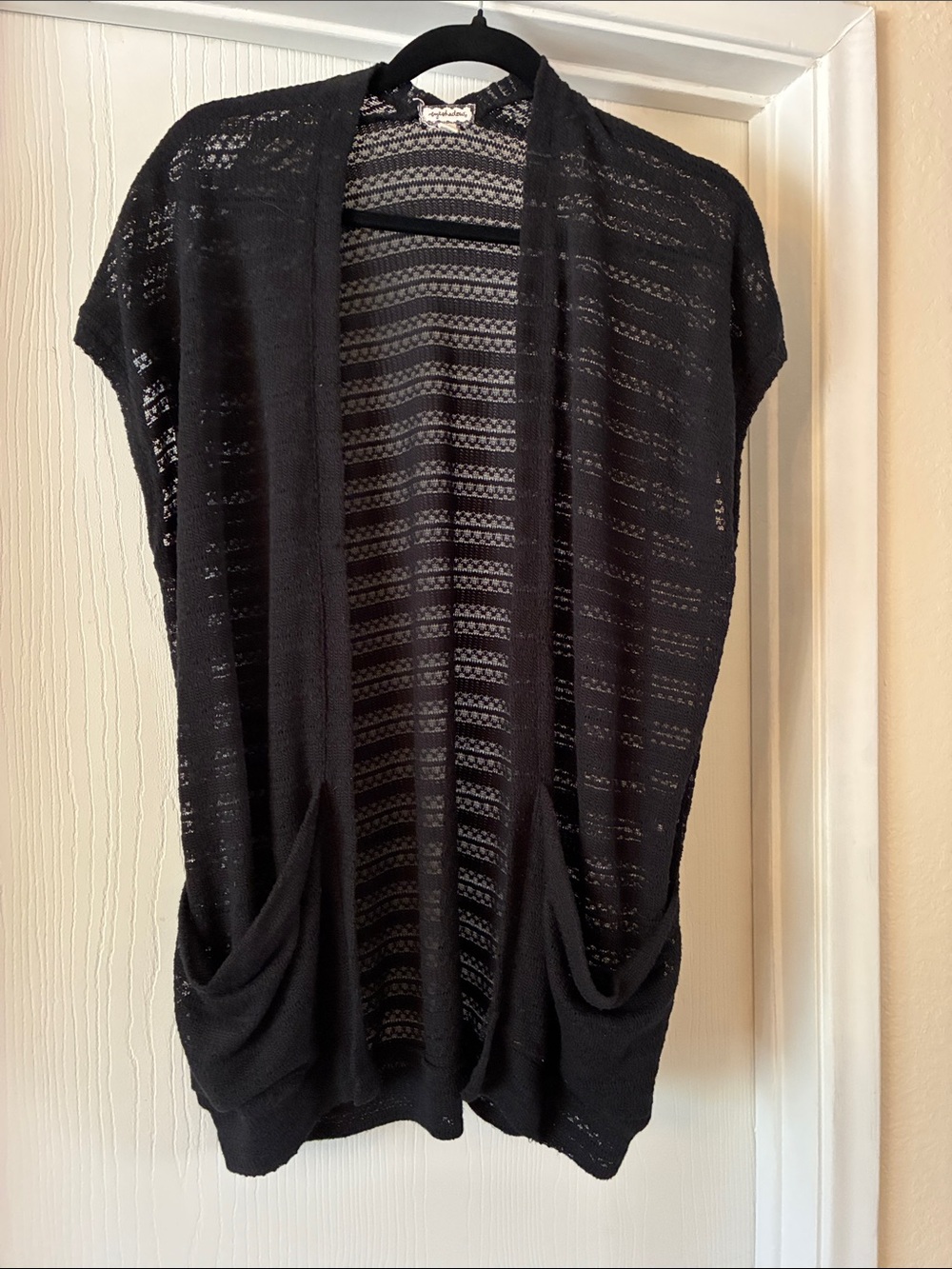 Eyeshadow Black Open-Weave Short Sleeve Cardigan, medium